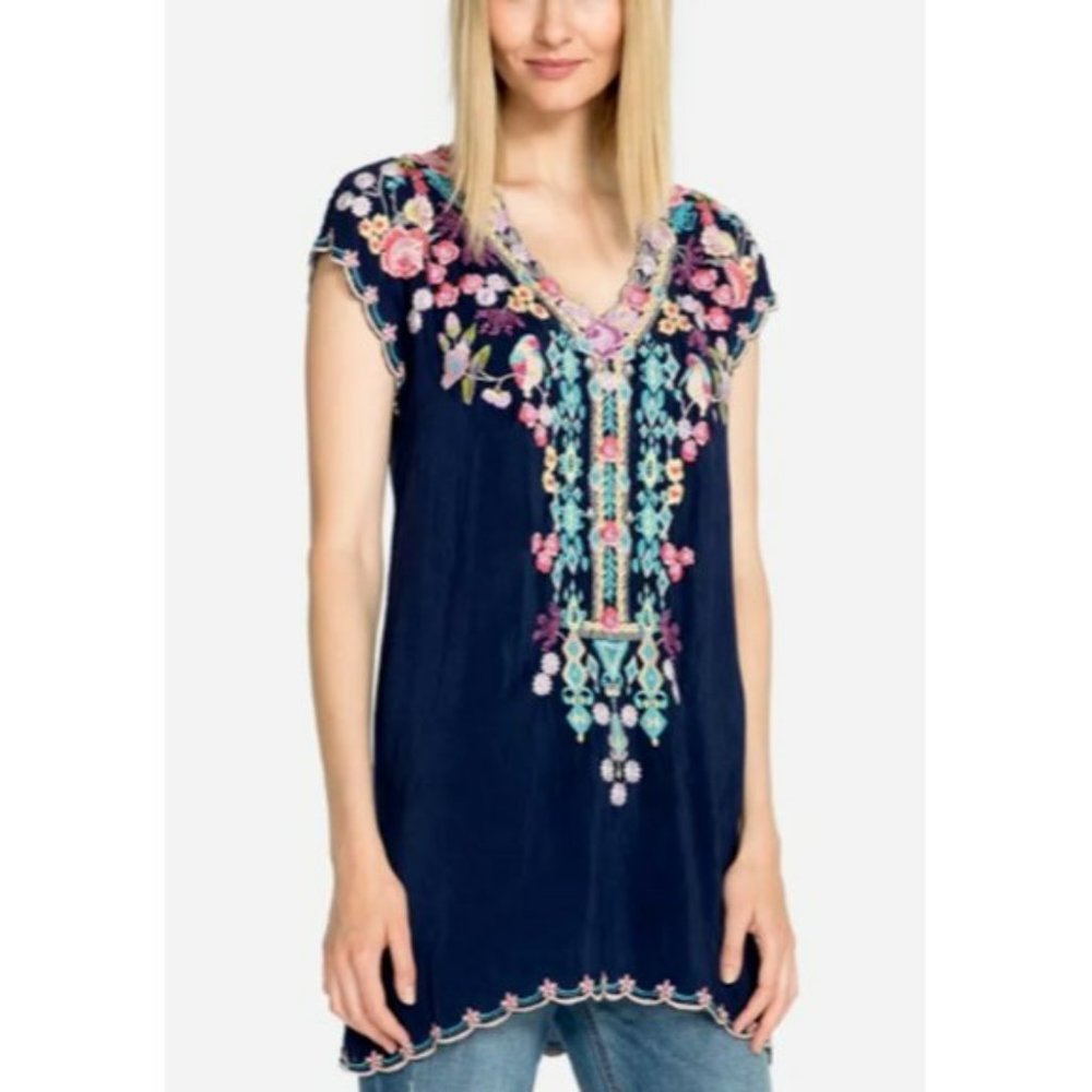 Johnny Was Navy Tunic with Vibrant Embroidery